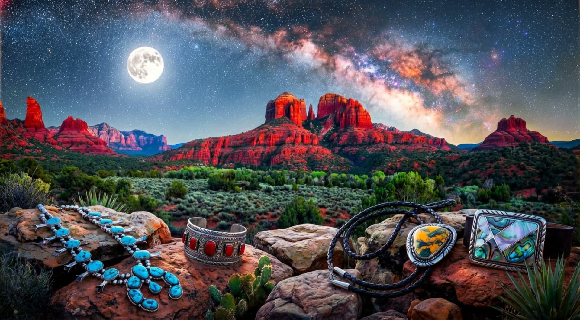 Handcrafted Native American jewelry displayed against a Sedona desert landscape