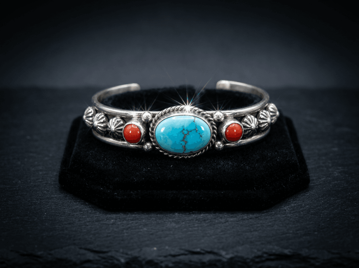 Sterling Silver Golden Hills Turquoise & Coral Bracelet - Size 7 #002 - image 1 of 1