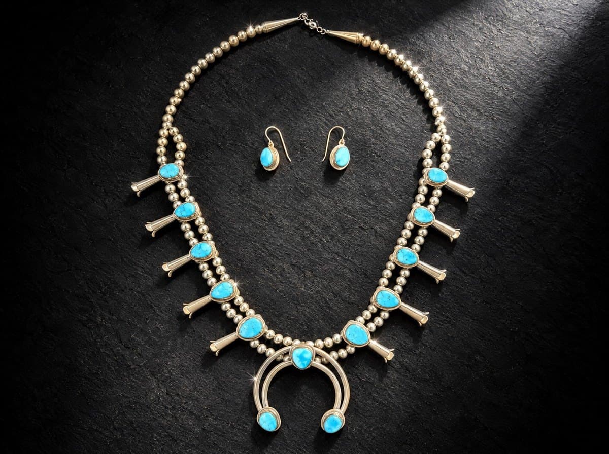 Squash Blossom - Sterling Silver Kingman Turquoise Jewelry Set #007