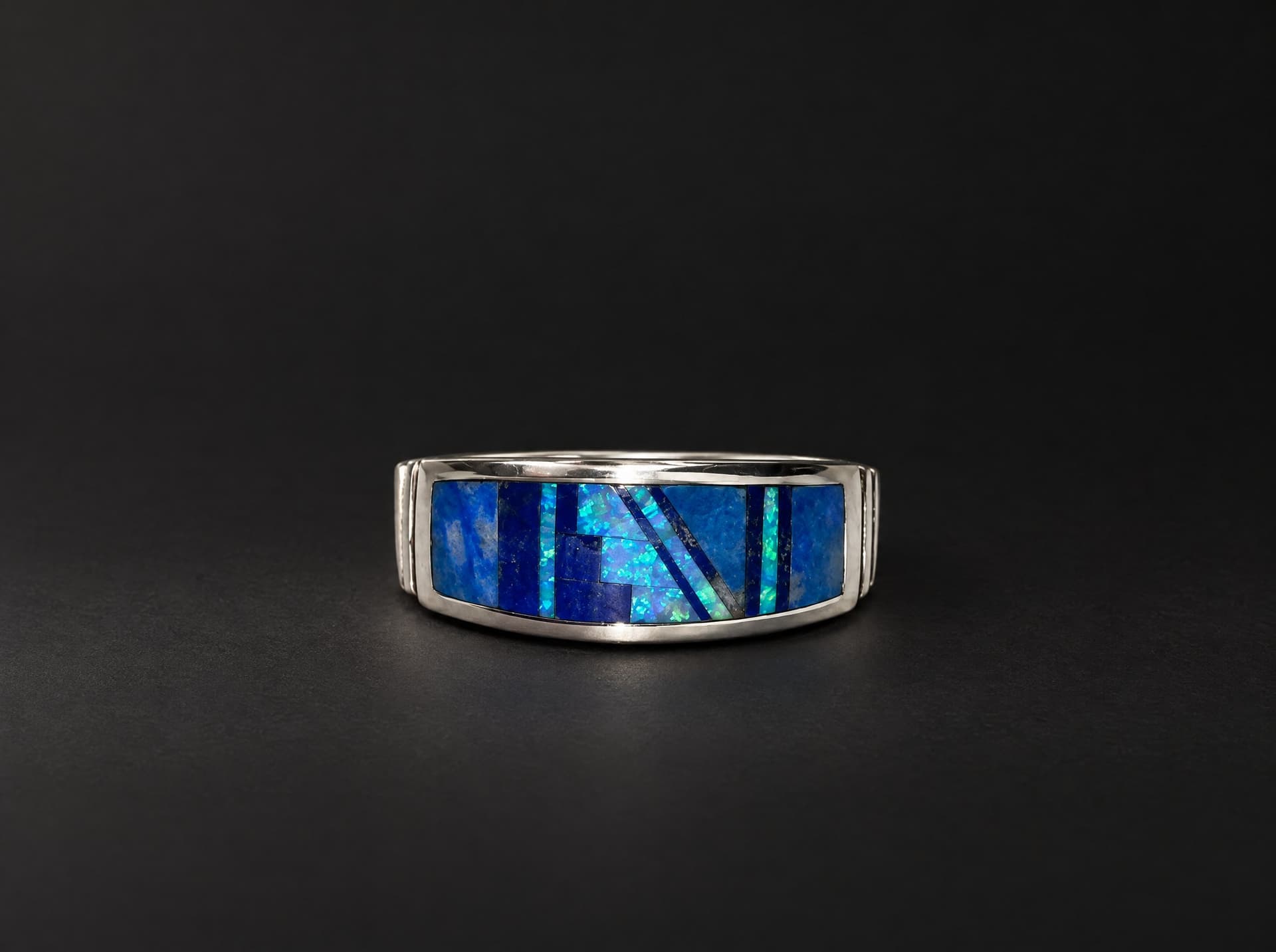Sterling Silver Lapis Lazuli & Opal Ring - Size 13.5 #631, front view