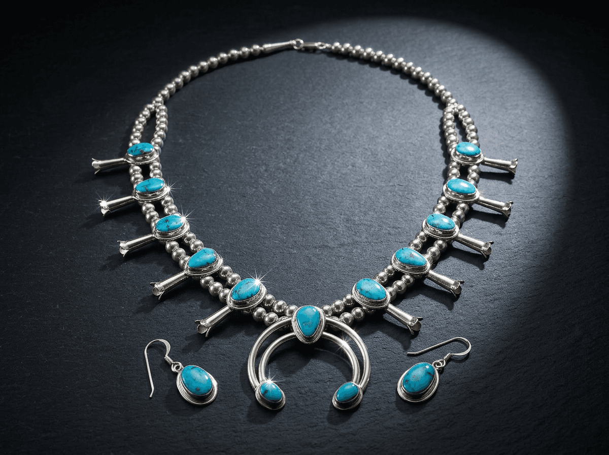 Squash Bloosom - Sterling Silver Kingman Turquoise Jewelry Set #007 - image 1 of 1