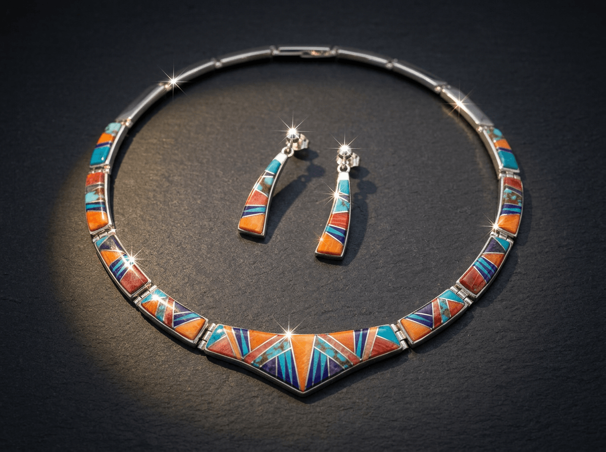 Inlay - Sterling Silver Spiny Oyster, Kingman Turquoise & Lapis Lazuli Jewelry Set #016 - image 1 of 1