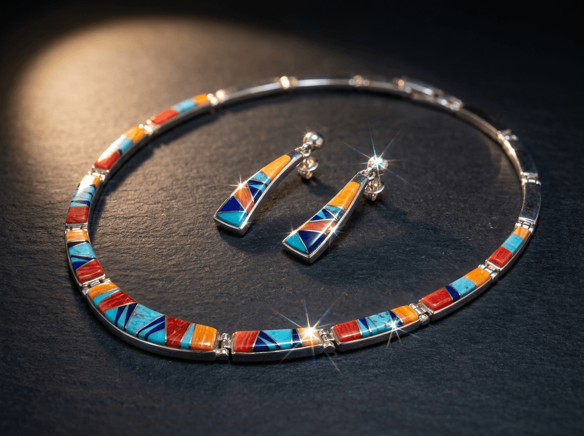 Inlay - Sterling Silver Spiny Oyster, Kingman Turquoise & Lapis Lazuli Jewelry Set #018 - image 1 of 1