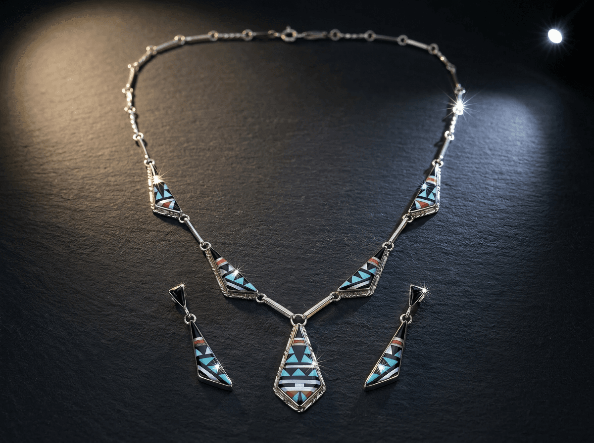 Sterling Silver Kingman Turquoise, Mother of Pearl & Onyx Jewelry Set #035 - image 1 of 1