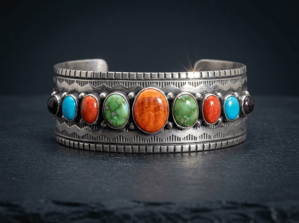 Sterling Silver Spiny Oyster, Kingman Turquoise & Sonora Gold Turquoise Bracelet - Size 7.5 - image 1 of 2
