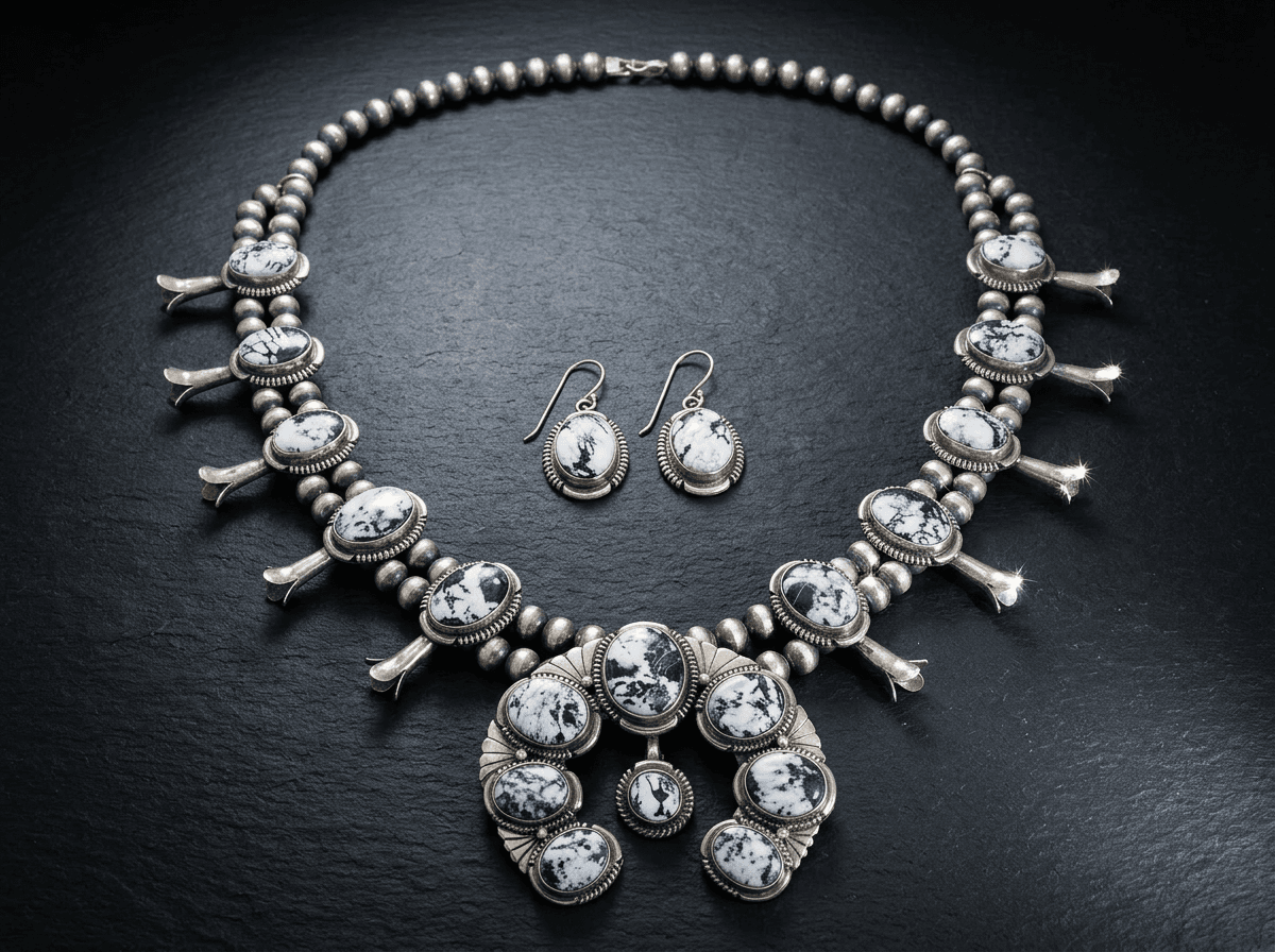 Squash Blossom - Sterling Silver White Buffalo Jewelry Set #031 - image 1 of 1