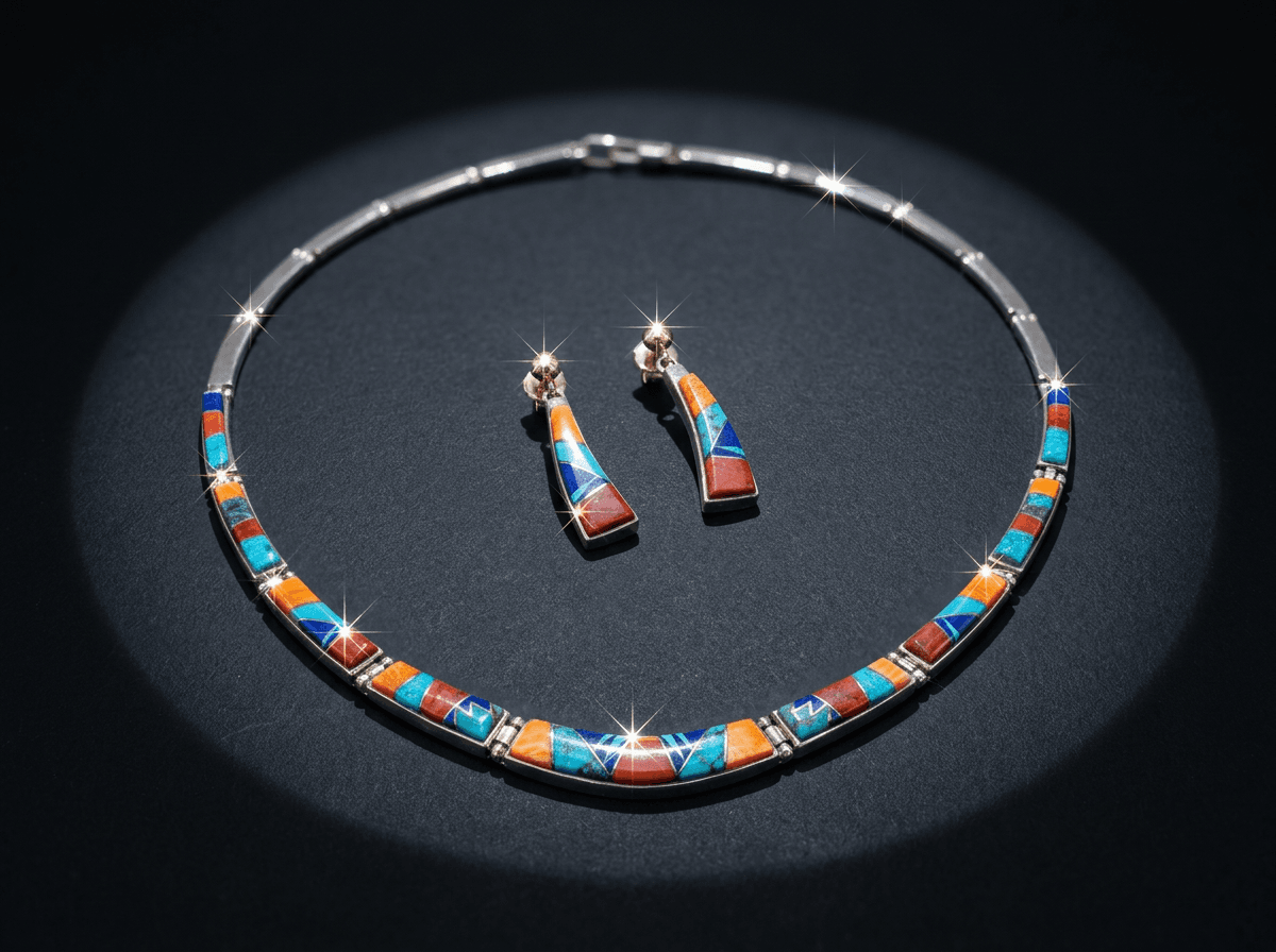 Inlay - Sterling Silver Kingman Turquoise, Spiny Oyster & Lapis Lazuli Jewelry Set #009 - image 1 of 1