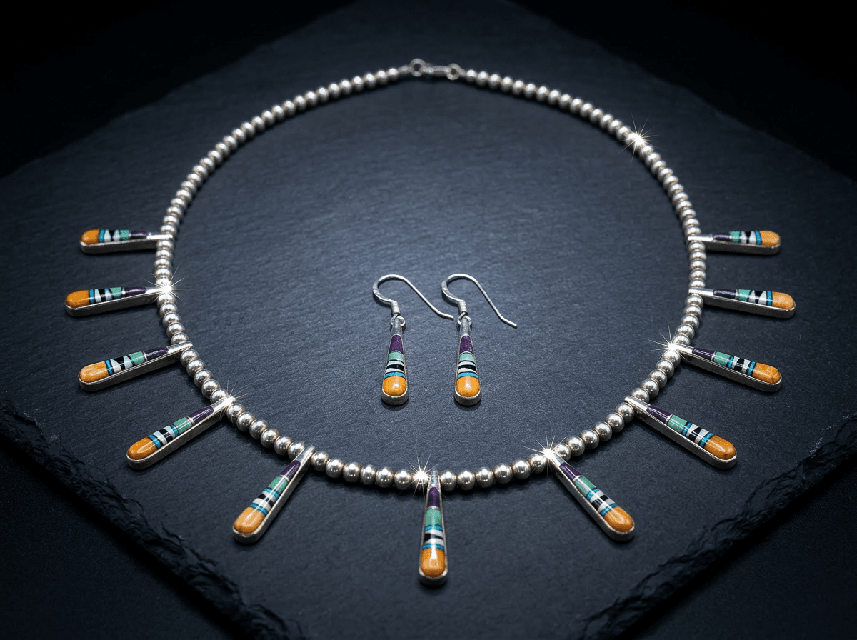Inlay - Sterling Silver Royston Turquoise, Spiny Oyster & Opal Jewelry Set #008 - image 1 of 1