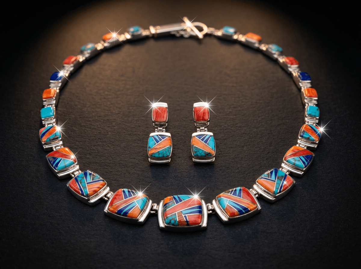Inlay - Sterling Silver Spiny Oyster, Kingman Turquoise & Lapis Lazuli Jewelry Set #012 - image 1 of 1